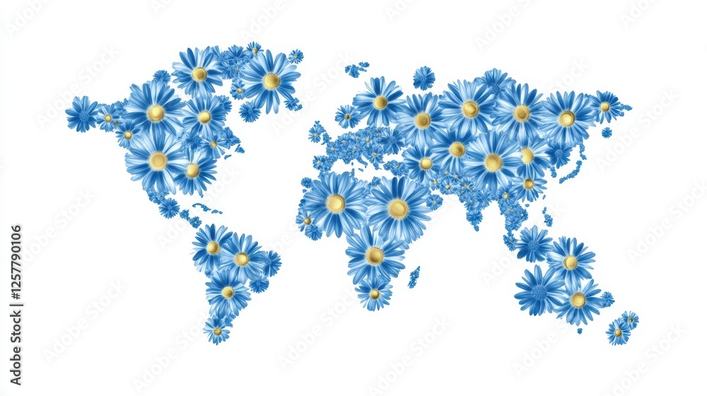 Obraz premium World map shape composed of blue floral blossoms isolated on a white background for travel marketing.