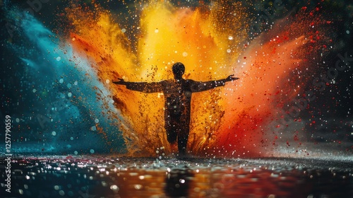 Indian man joyfully celebrates Holi, surrounded by bright splashes of color. The atmosphere is filled with excitement as colors burst around, creating a dynamic spectacle