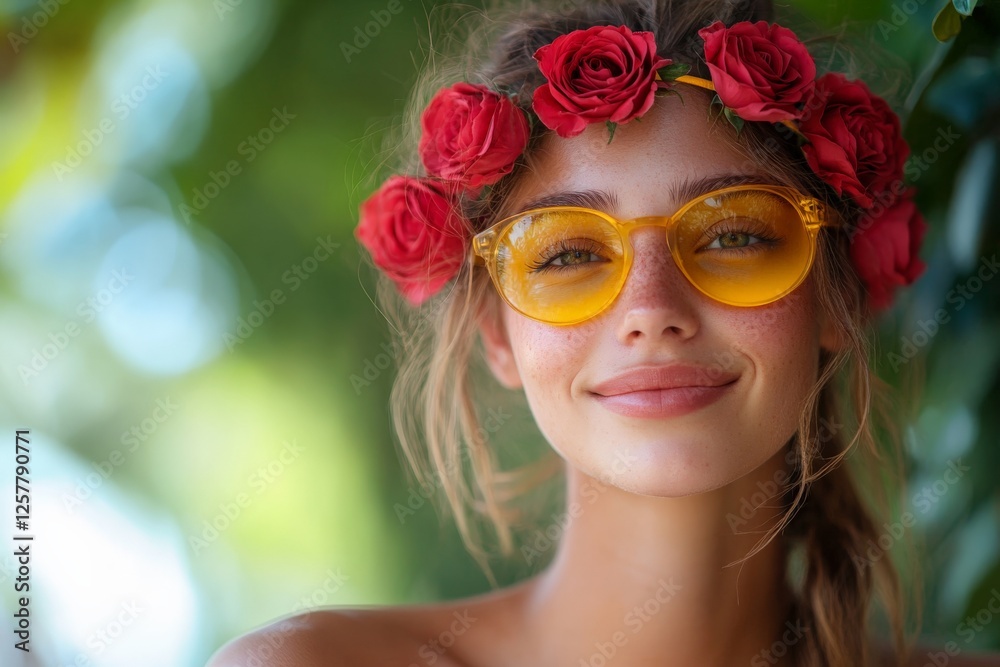 Fototapeta premium Young woman with a floral crown and yellow glasses enjoys a sunny day in a lush garden background
