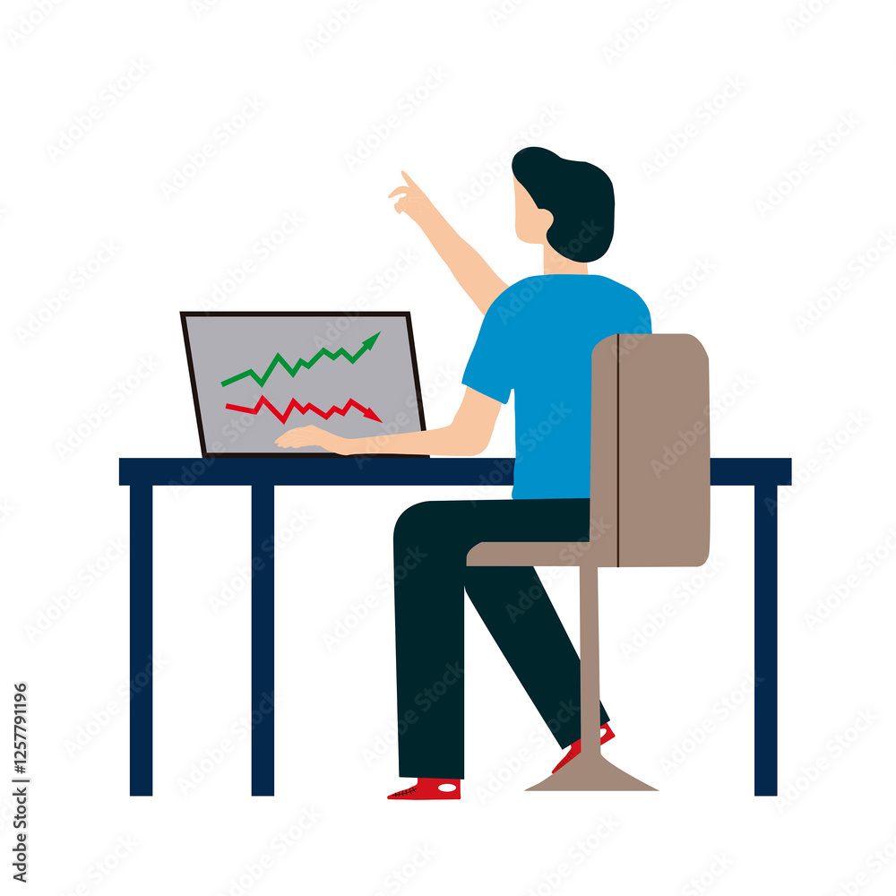 Fototapeta premium Man with a computer with pointing bars chart on a desk on a white background