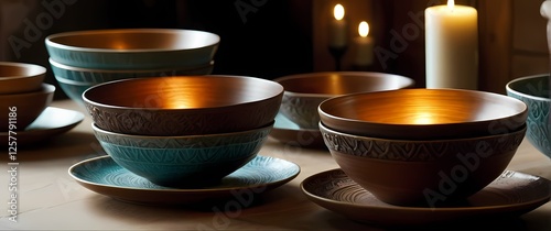 A closeup of lovingly crafted artisan bowls and plates inviting admiration for craftsmanship and appreciation of handmade art
