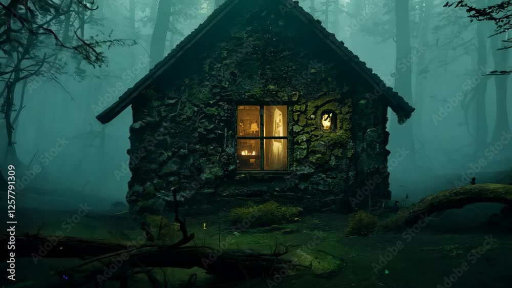 A mysterious stone house in the middle of a dark, mossy forest. The window glows in the dark. The enchanting glow of the stone house draws the eye in the shadowy forest. A mysterious stone house in the middle of a dark, mossy forest. The window glows in the dark. The enchanting glow of the stone house draws the eye in the shadowy forest.