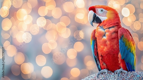 Scarlet macaw perched, bokeh background photo