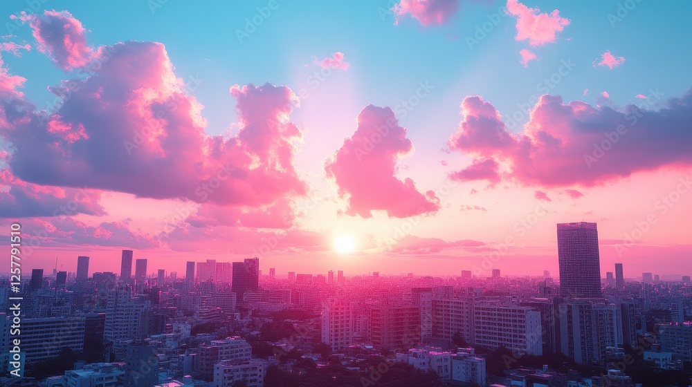 Fototapeta premium Pink sunrise over city skyline, urban landscape