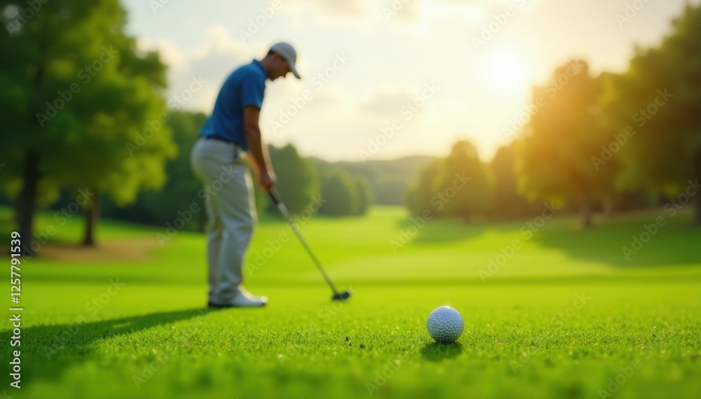 Fototapeta premium Golfer's poised stance, club back, ready to strike Green grass in focus , athletic posture, game