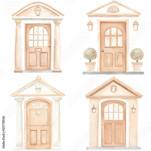Bright blue door watercolor hand drawn set collection