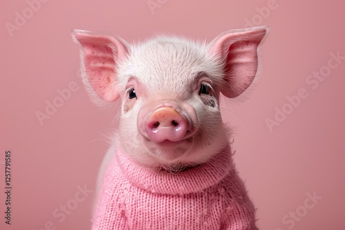 Wallpaper Mural National pig day. Small piglet with soft white fur and a charming expression sits in a cozy pink sweater. The solid pastel background highlights the piglet's adorable features and innocent demeanor Torontodigital.ca