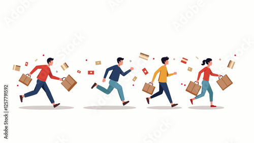 A dynamic vector illustration of people running while holding briefcases and documents, symbolizing business urgency and corporate lifestyle.