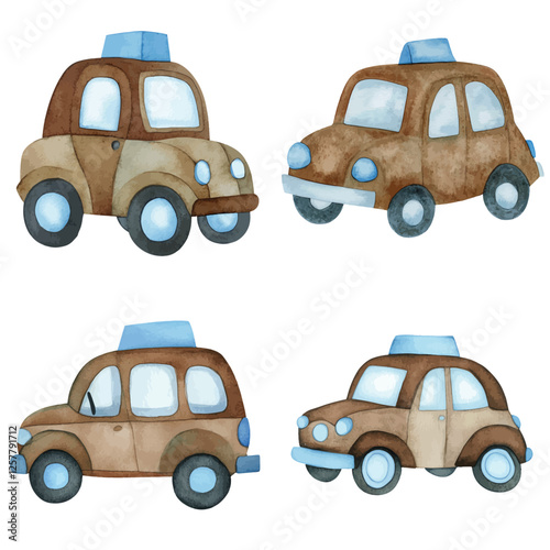 Bright blue taxi watercolor hand drawn set collection for kids