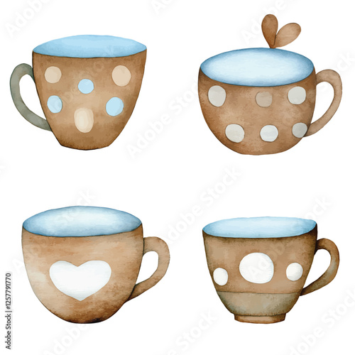 Bright blue teacup watercolor hand drawn set collection