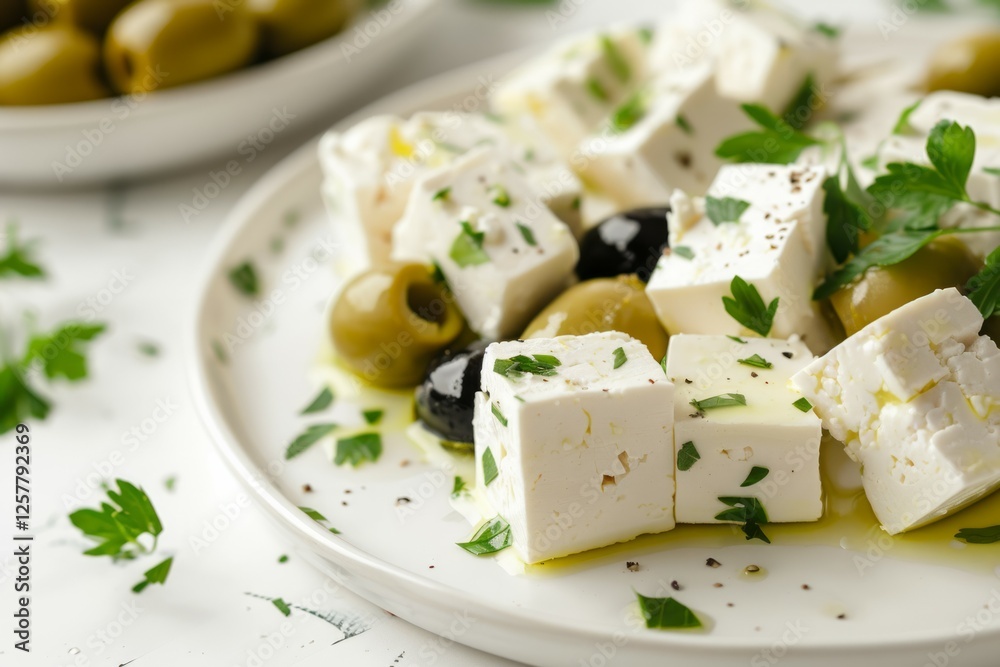 Marinated feta with olives on plate. Artificial intelligence image Marinated feta with olives on plate. Artificial intelligence image