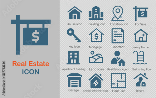 minimalist set of real estate icons, featuring house, building, key, mortgage, for sale, and more. Perfect for real estate apps, property websites, or real estate agent platforms