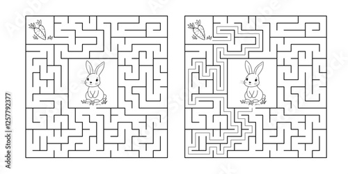 Vector Square Maze Game - Black and White Easter Bunny Carrot Hunt Puzzle