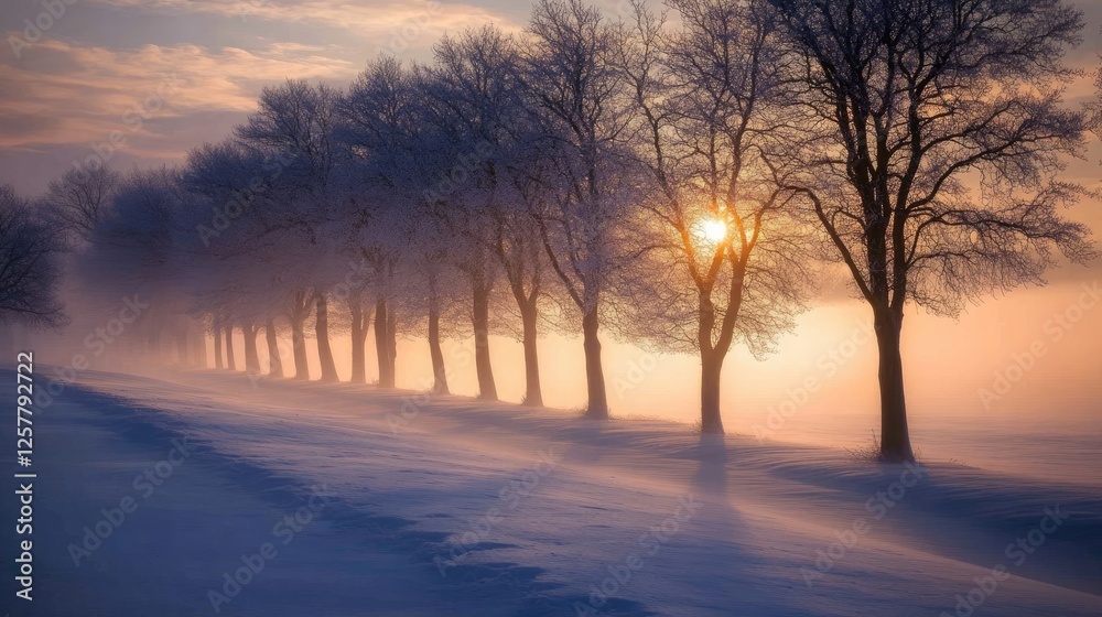 Snow-covered countryside with a line of trees in a misty setting Snow-covered countryside with a line of trees in a misty setting