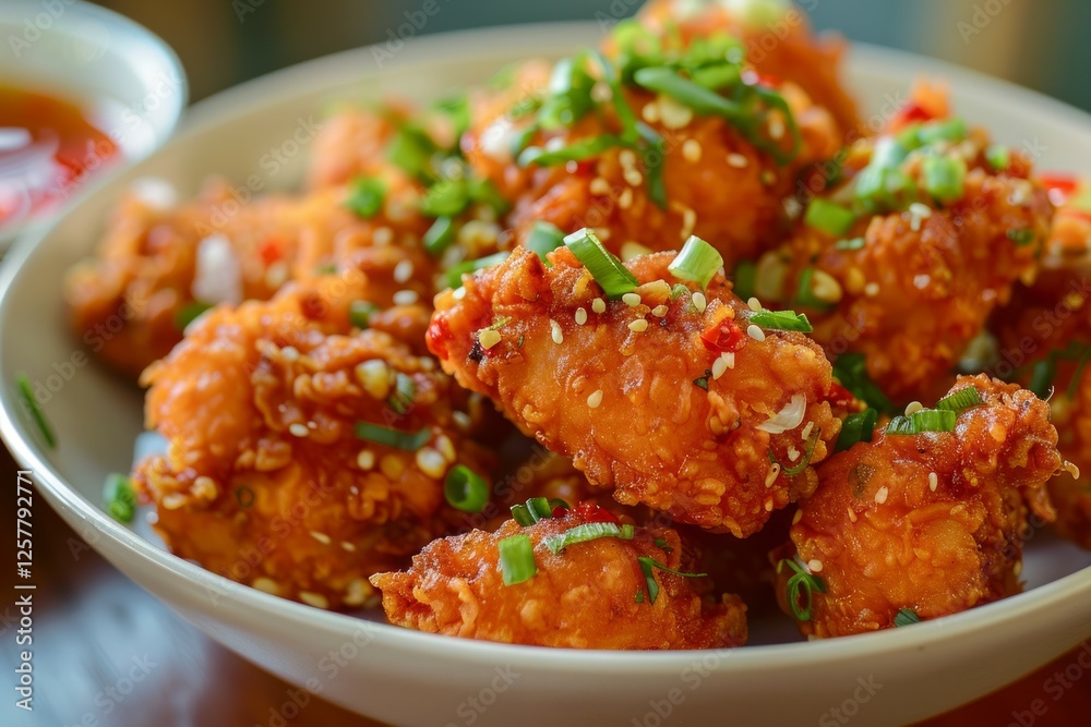 Close-up of korean fried chicken in bowl. Artificial intelligence image