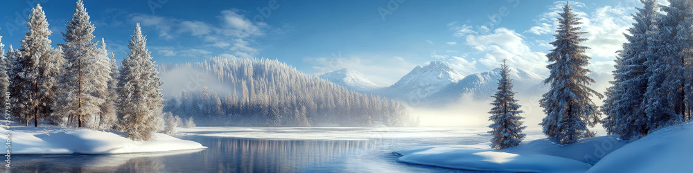 Snow-covered trees stand by a calm river with misty mountains in the background. Concept of serene winter landscape. For winter scenery photos.