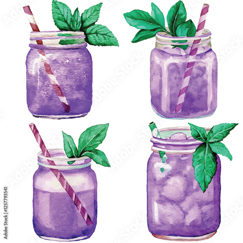 Pink lemonade jar watercolor set hand drawn