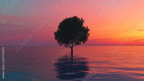 Solitary tree standing in calm water with a colorful sunset in the background photo