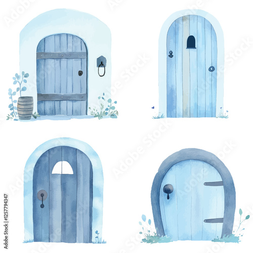 Rustic door watercolor set hand drawn