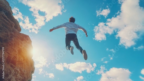Wallpaper Mural Businessman jumping from 2021 cliff to 2022 New Year on beautiful sky background. Gap, leap, risk, challenge and success concept Torontodigital.ca