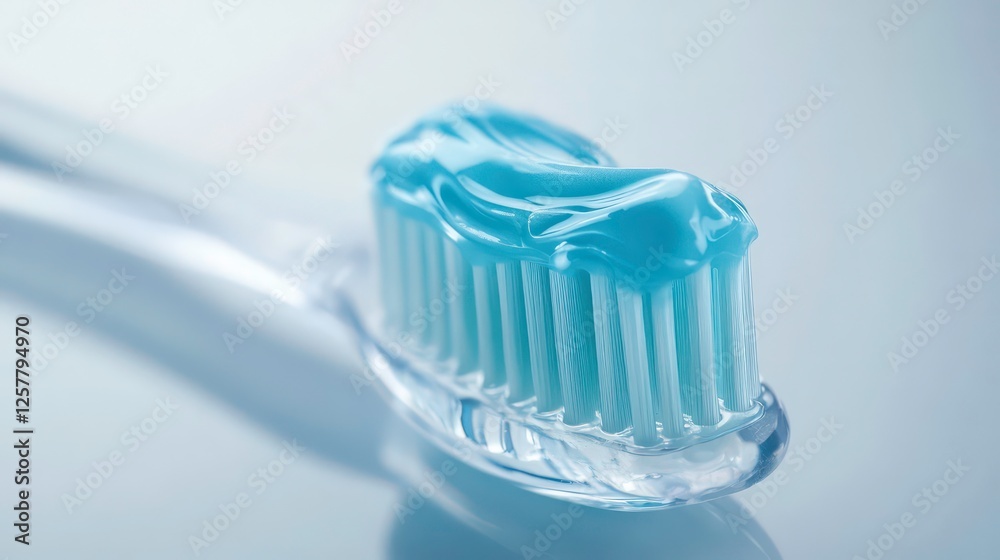 Small amount of toothpaste neatly applied on a transparent toothbrush, isolated against a plain white backdrop, focusing on freshness.