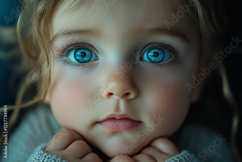 Child with striking blue eyes gazes thoughtfully while resting chin on hands in a cozy indoor setting photo