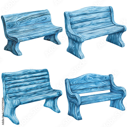 Wooden garden bench watercolor hand drawn set collection