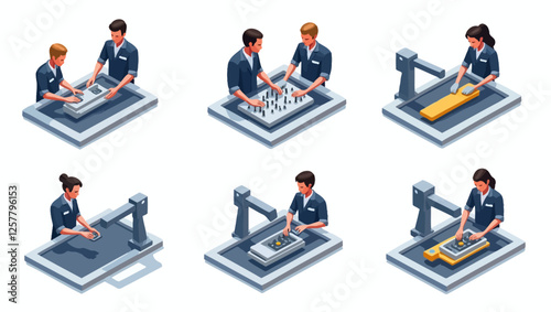 A set of industrial workers operating CNC machines and high-tech equipment in a manufacturing environment. Concept of automation, engineering, and industry.