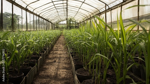 Rows of Young Plants in a Greenhouse