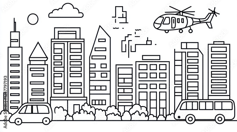 Obraz premium Cityscape helicopter rescue line art illustration