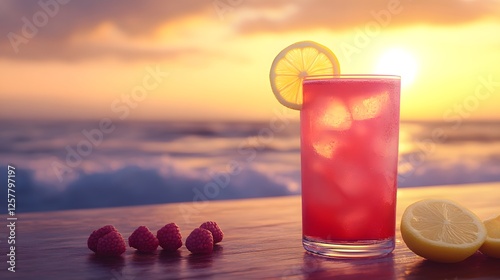 Fototapeta Naklejka Na Ścianę i Meble -  Refreshing Raspberry Lemonade on a Sunset Terrace