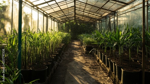 Greenhouse Garden Path with Lush Plants