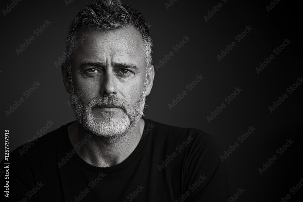 Middle-aged man with stylish beard and serious expression poses against dark background in studio setting Middle-aged man with stylish beard and serious expression poses against dark background in studio setting