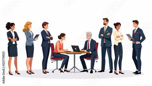 A diverse team of business professionals discussing ideas in a corporate environment. Concept of teamwork, leadership, and collaboration.