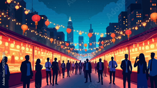 A lively night market with people walking under decorative lights, exploring food stalls and shopping. Concept of urban culture and social experience.