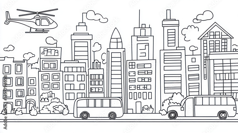 Obraz premium Helicopter over city skyline, buses on street, illustration