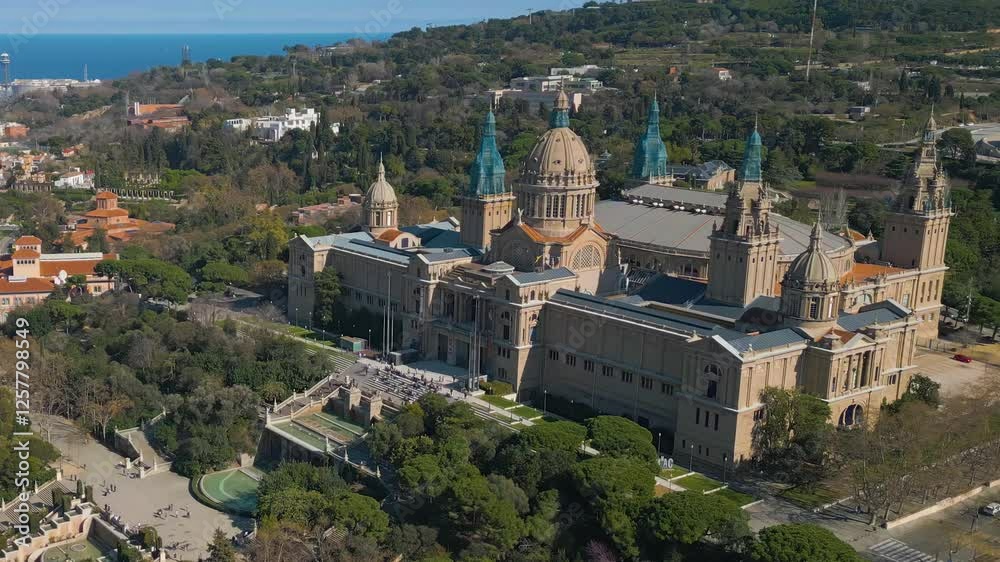 Aerial view around the palace of the city Barcelona in Spain, catalonia on a sunny morning in spring. Aerial view around the palace of the city Barcelona in Spain, catalonia on a sunny morning in spring.