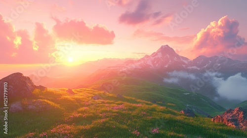 Sunset over a mountain range with glowing skies and rolling hills photo