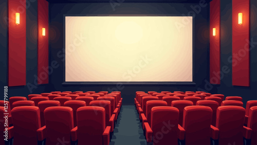 An empty movie theater with red seats facing a large blank screen. Concept of cinema, entertainment, and film industry.