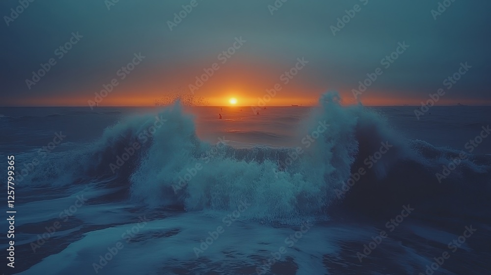 Fototapeta premium Ocean sunset waves crashing beach dramatic sky
