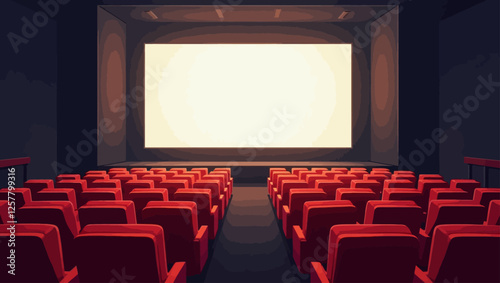 An empty movie theater with red seats facing a large blank screen. Concept of cinema, entertainment, and film industry.