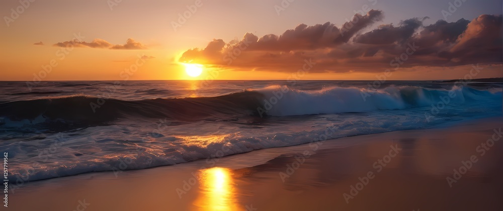 A captivating sunset illuminating beaches and ocean waves evoking feelings of serenity and the beauty that comes each day A captivating sunset illuminating beaches and ocean waves evoking feelings of serenity and the beauty that comes each day