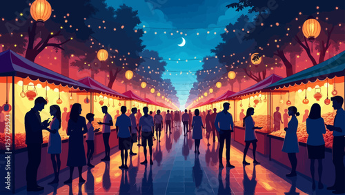 A lively night market with people walking under decorative lights, exploring food stalls and shopping. Concept of urban culture and social experience.