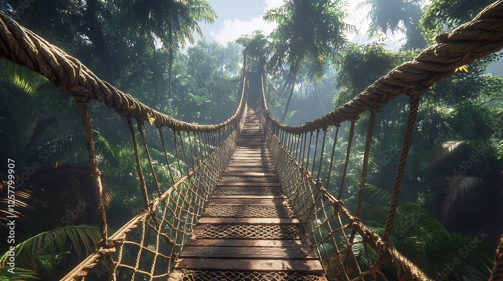 Fototapeta premium Jungle Rope Bridge Sunlight Dappled Path Adventure. AI Generated