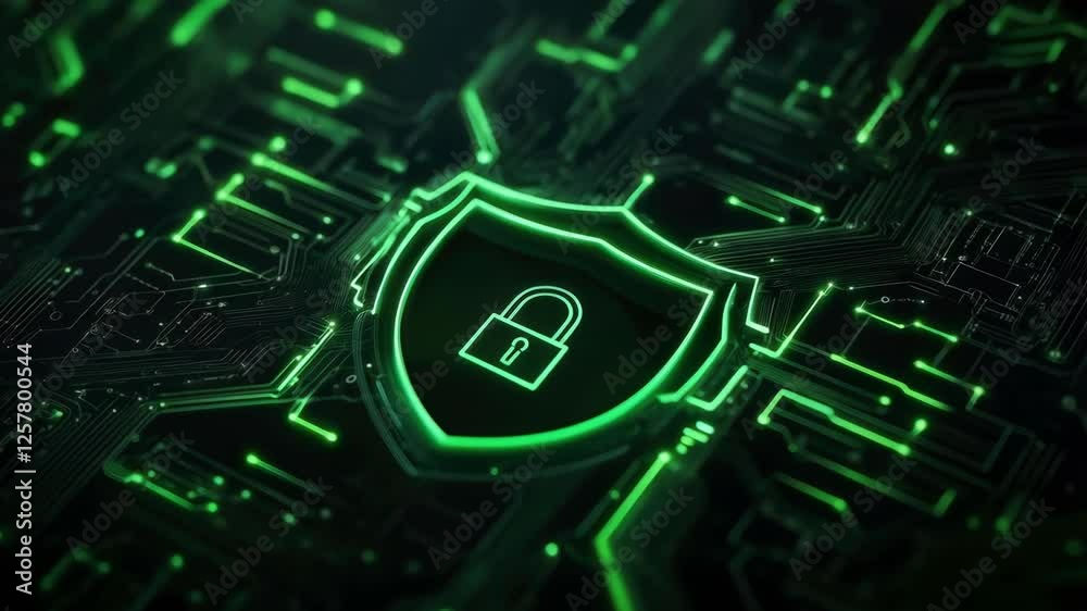 High-tech digital shield with a glowing padlock is embedded in futuristic circuit board. Concept cybersecurity, encryption, data protection, and secure networks in advanced technological environment High-tech digital shield with a glowing padlock is embedded in futuristic circuit board. Concept cybersecurity, encryption, data protection, and secure networks in advanced technological environment