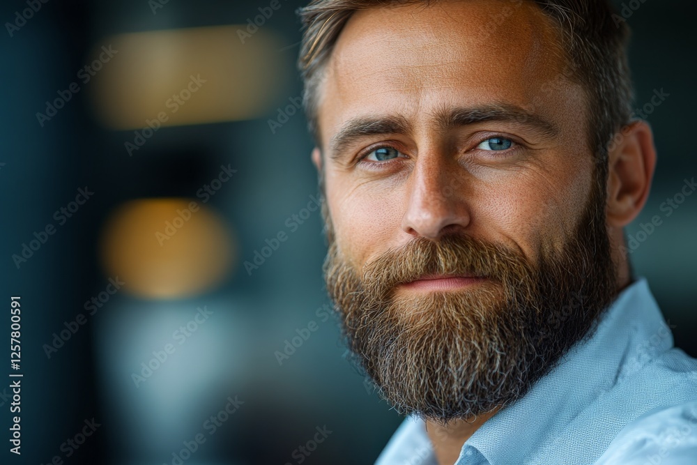 Fototapeta premium Man with a thick beard and bright blue eyes smiles warmly while seated indoors in a modern setting
