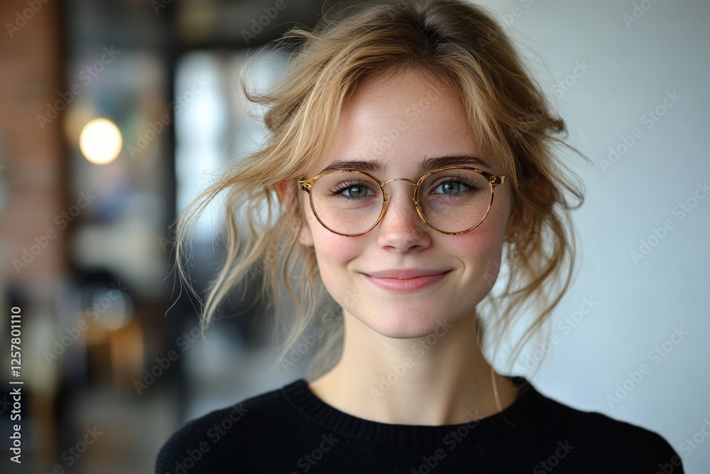 Young woman smiles warmly in a cozy indoor cafe setting with soft lighting and a relaxed ambiance Young woman smiles warmly in a cozy indoor cafe setting with soft lighting and a relaxed ambiance