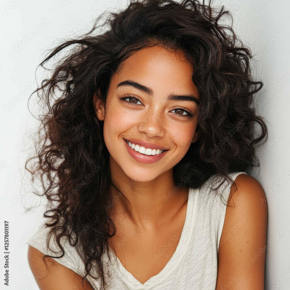 Smiling young woman with curly hair in casual shirt posing against a light background Smiling young woman with curly hair in casual shirt posing against a light background
