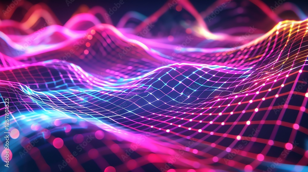 custom made wallpaper toronto digitalAbstract digital art with vibrant, glowing colors in pink, blue, and orange, forming a grid pattern.