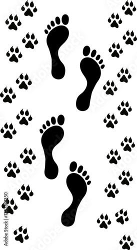 A black and white vector drawing of a set of human footprints and dog footprints on each side walking along